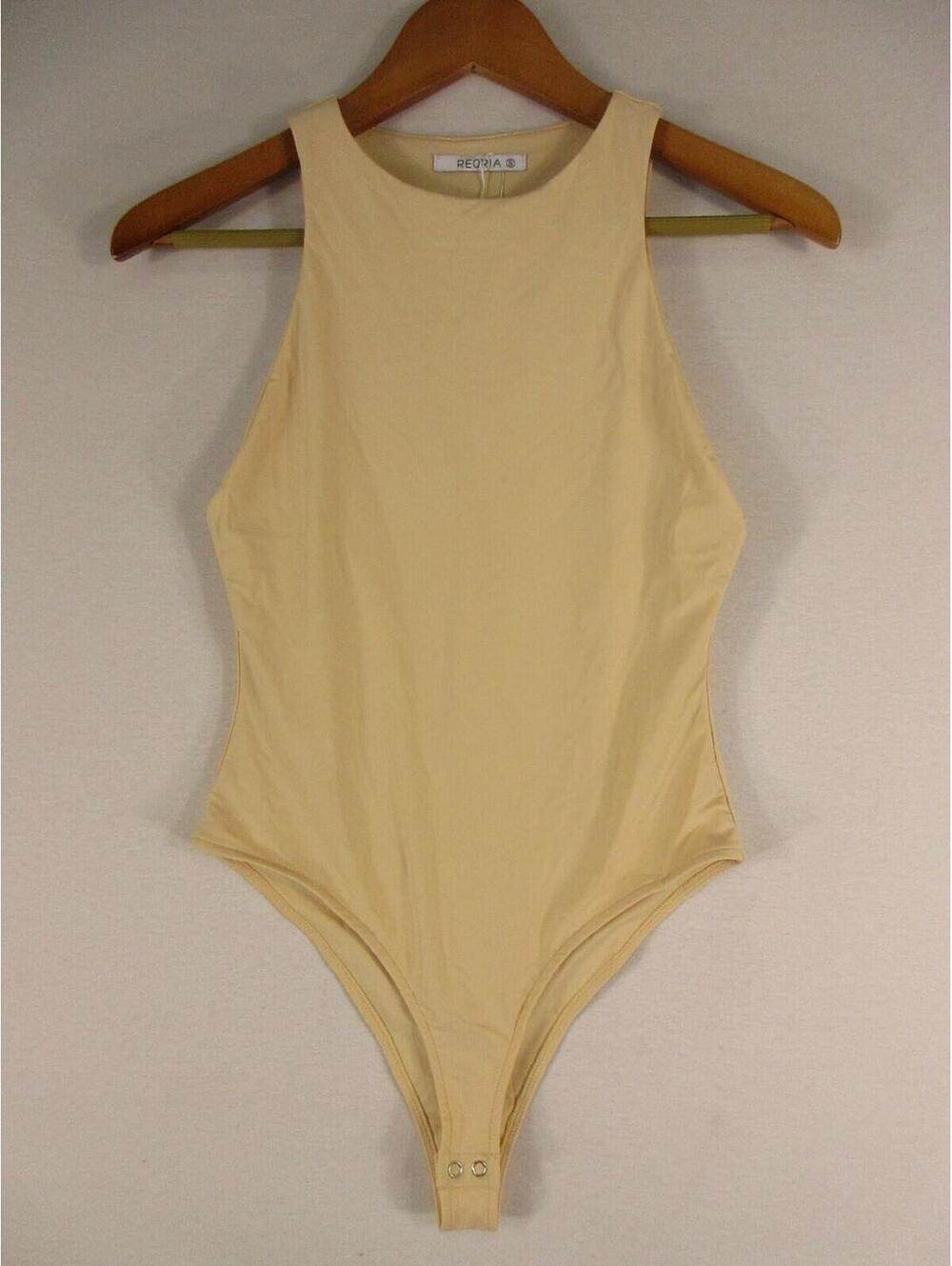 REORIA Bodysuit Womens S High Neck Sleeveless Snap Crotch High Cut Beige Stretch